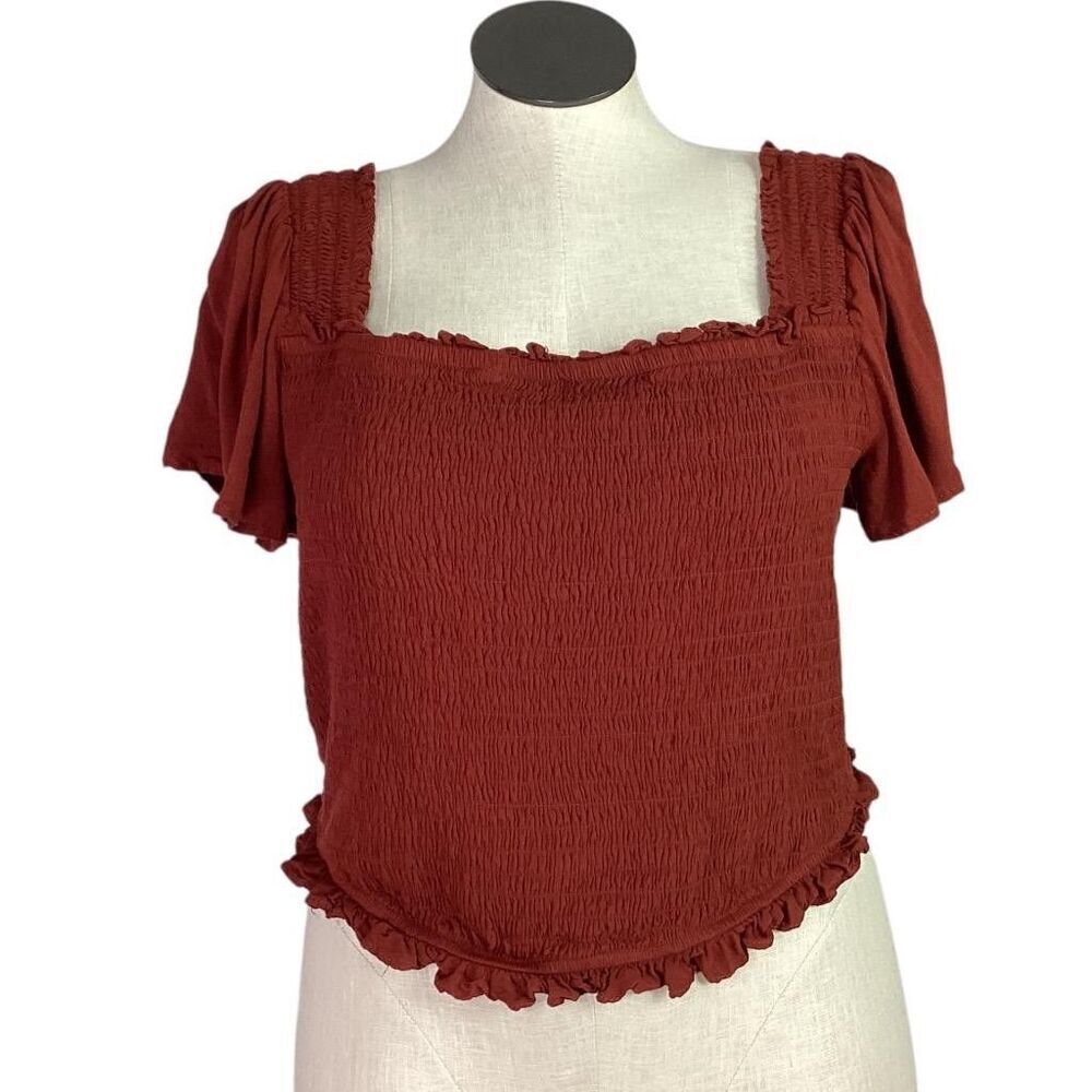 Torrid Top Women 2X Red Smocked Flutter Short Sleeve Ruffle Crop Blouse